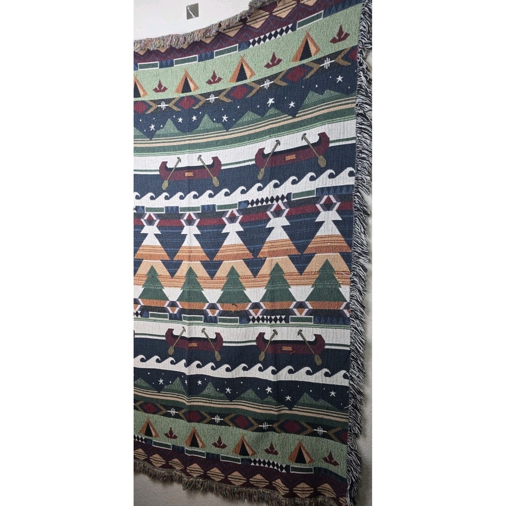 VTG Crown Craft Art Native American Indian Canoe Blanket Navajo Camp Fire Throw